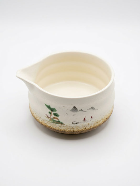 Japanese Matcha Bowl with Pouring Spout – Mountain Landscape Chawan