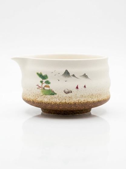 Japanese Matcha Bowl with Pouring Spout – Mountain Landscape Chawan