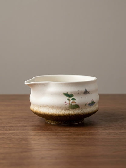 Japanese Matcha Bowl with Pouring Spout – Mountain Landscape Chawan