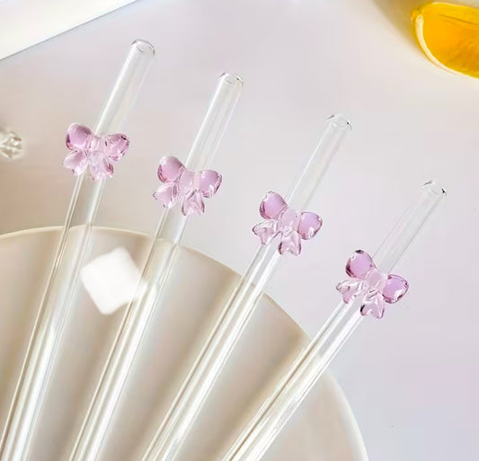 Glass Straw 20 cm – Pink Bow Accent | Reusable Borosilicate Glass Straw